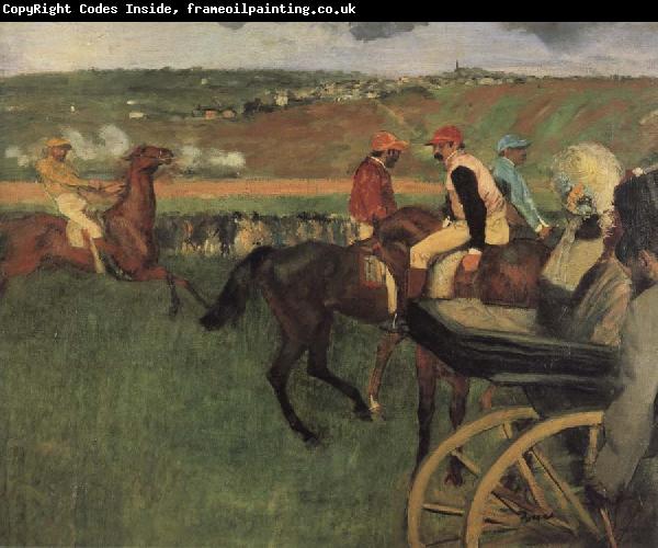Edgar Degas On the race place Jockeys next to a carriage